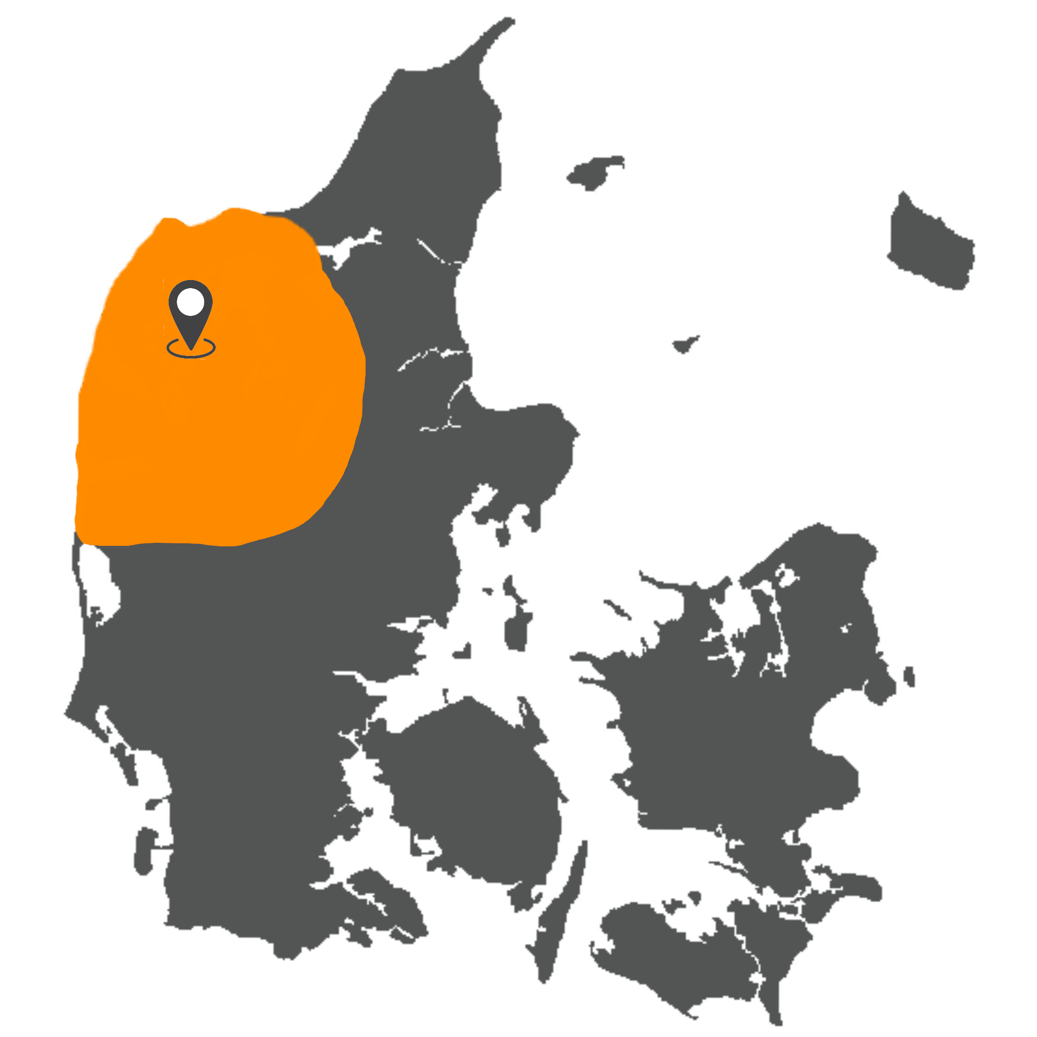 Danmarkskort med Holmgaard Ejendomsservices primære serviceområde markeret med orange omkring Holstebro